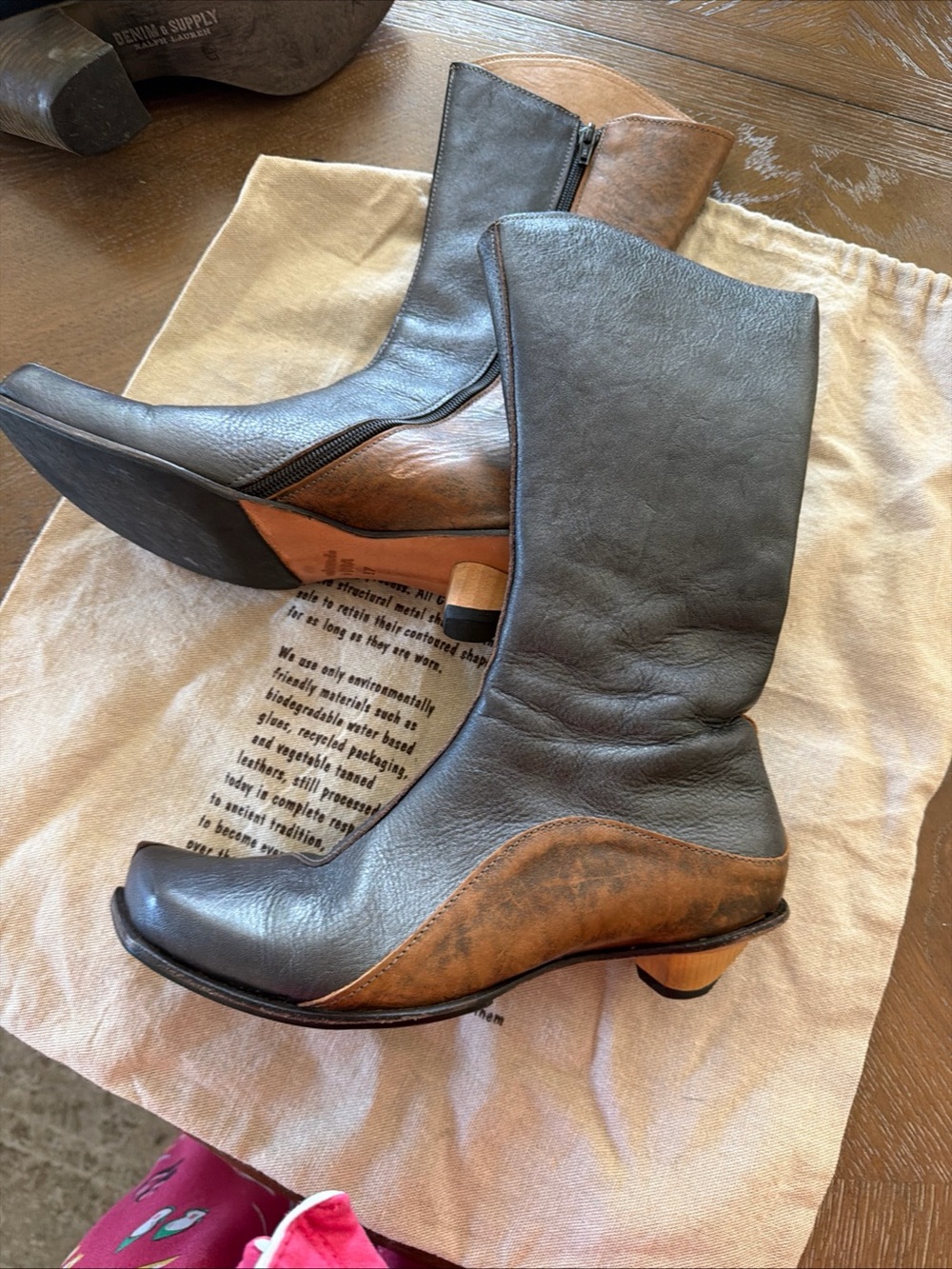 CYDWOQ Two-Tone Black and Brown handmade Leather Mid-Calf Boots